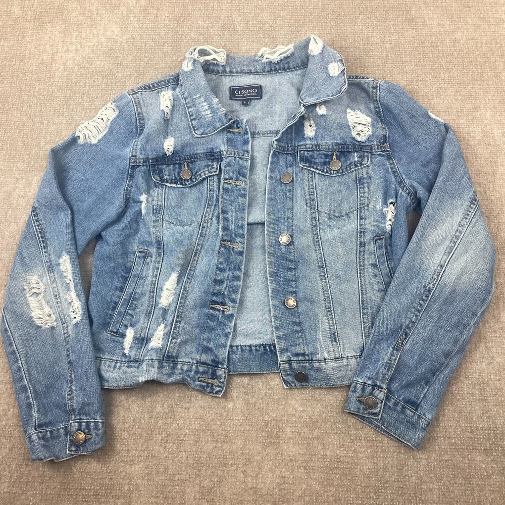 Ci Sono Trucker Jacket Womens L Blue Denim Distressed Chest Pockets Button Front